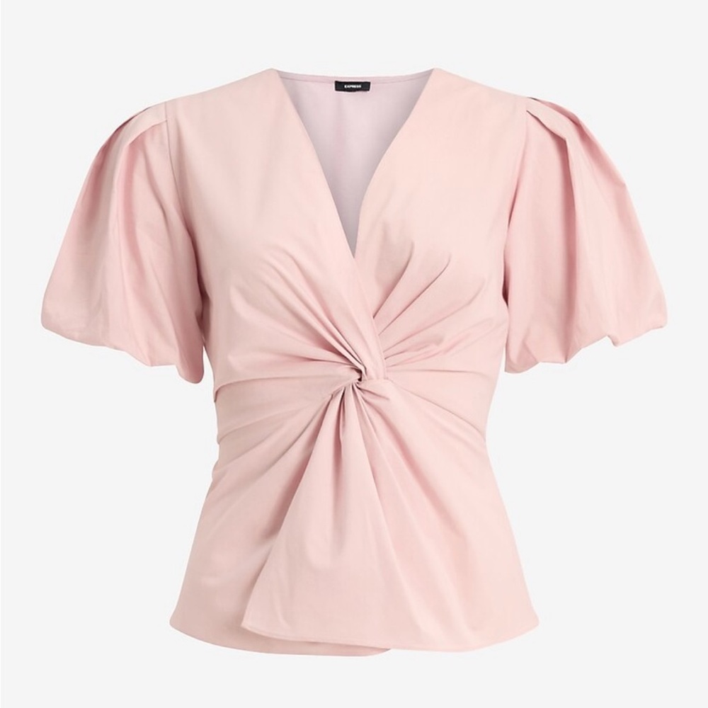 Express Pink Puff Sleeve Tie Front Blouse